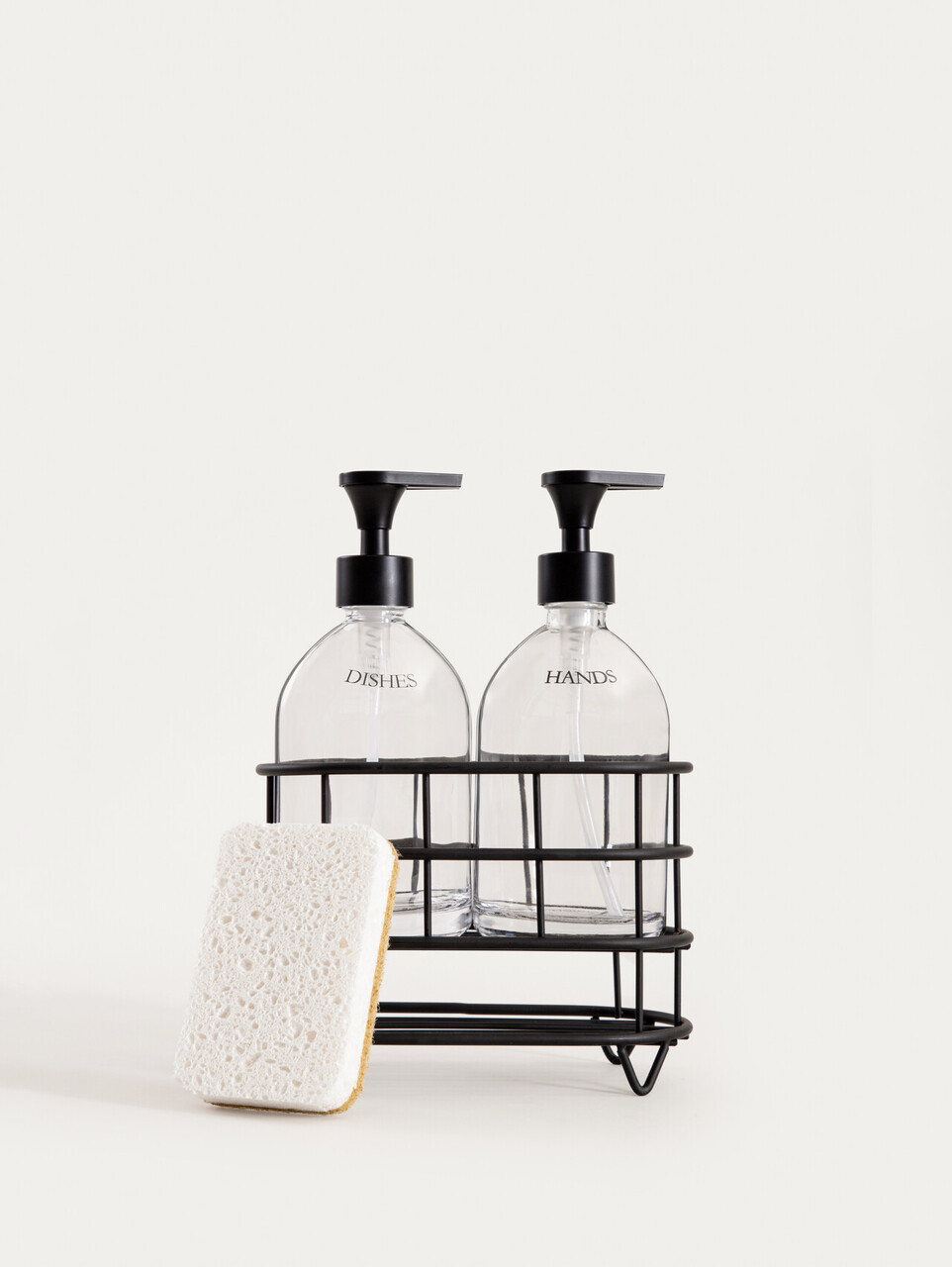 Set 2 dozatoare sapun/detergent lichid si suport Nerja, Homla, 22x10.5x19.5 cm, sticla/plastic/metal, negru/transparent