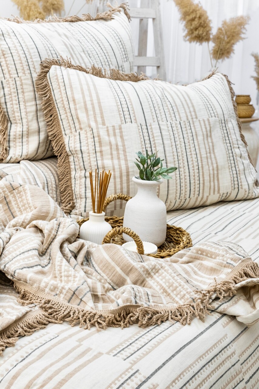 Set cuvertura pique dubla, Lia - Beige, Şaheser, Bumbac