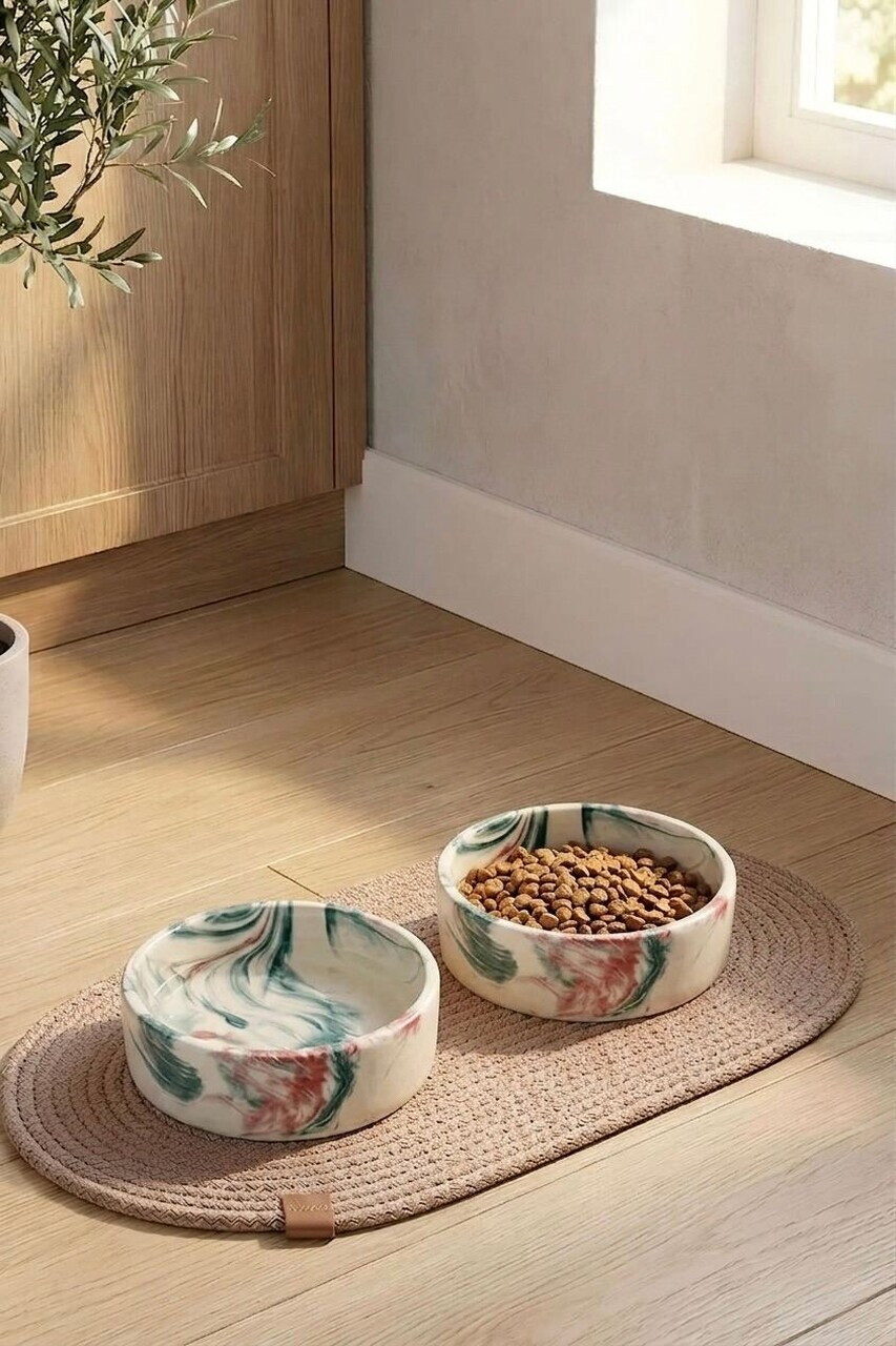 Set boluri pentru hrană pentru animale de companie (2 bucăți), Paws & Whiskers, Bowl, Ceramica, Turcoaz / Roșu