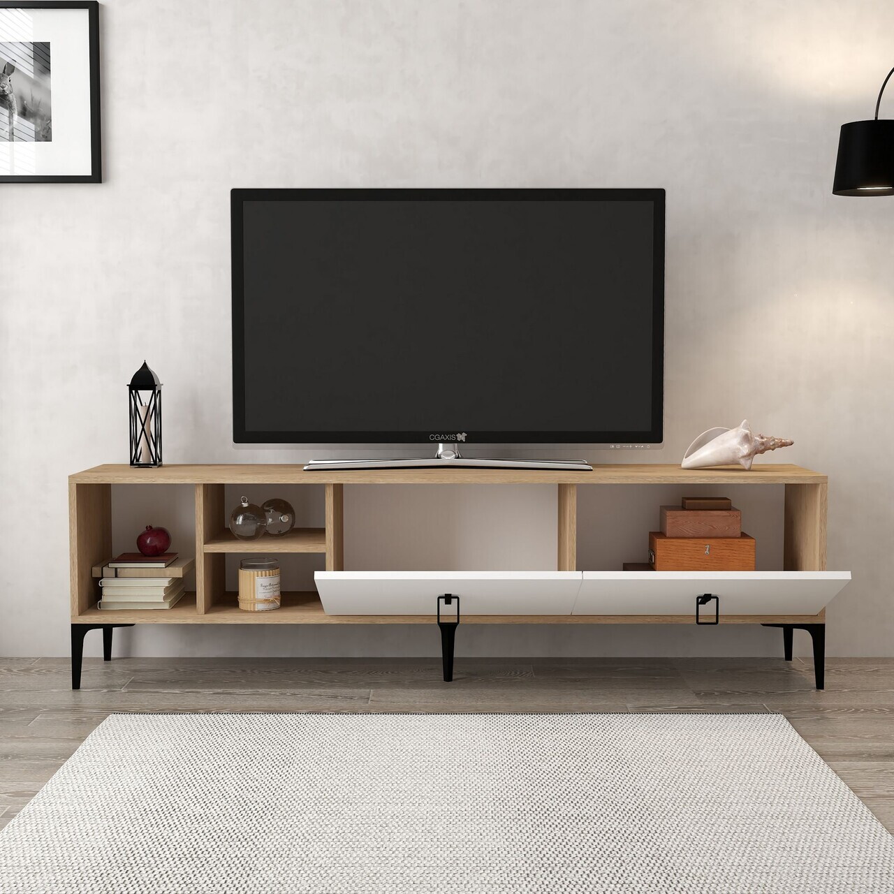 Comoda TV, Hanah Home, Era 3804, 180x50x35 cm, PAL, Stejar Safir / Alb — imaginea 2
