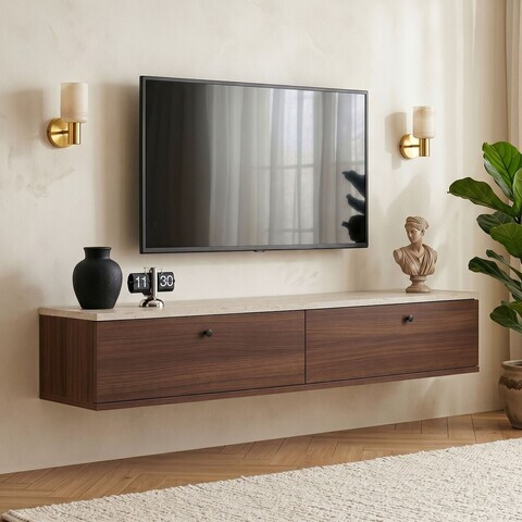 Comoda TV, Nordure, Ligne 140, 140x25x25 cm, Travertin / Nuc Milano