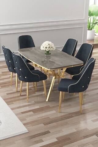 Set masa si scaune (7 piese), Hanah Home, Asel, Antracit / Aur
