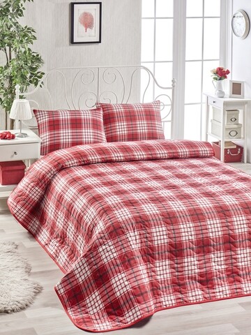 Set cuvertura de pat dubla, 3 piese, 65% bumbac si 35% poliester, EnLora Home, Burberry, rosu/alb/negru 35