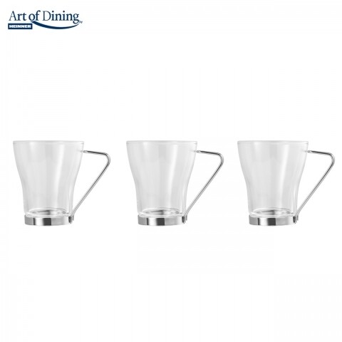 Set 3 cesti cu maner clear, heinner home, 240 ml, sticla si inox, transparent