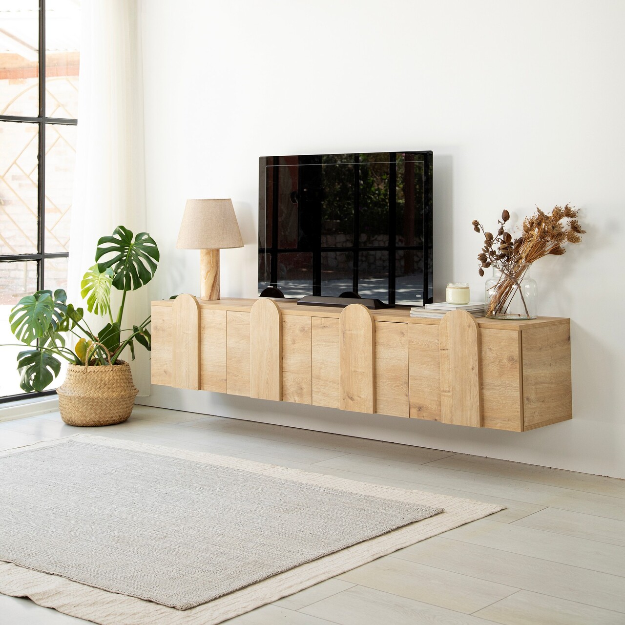 Comoda TV, Neostill, New Line -Sapphire Oak, 180x35x35 cm, Cadru: PAL MELAMINAT 100%., Stejar - 1 | YEO