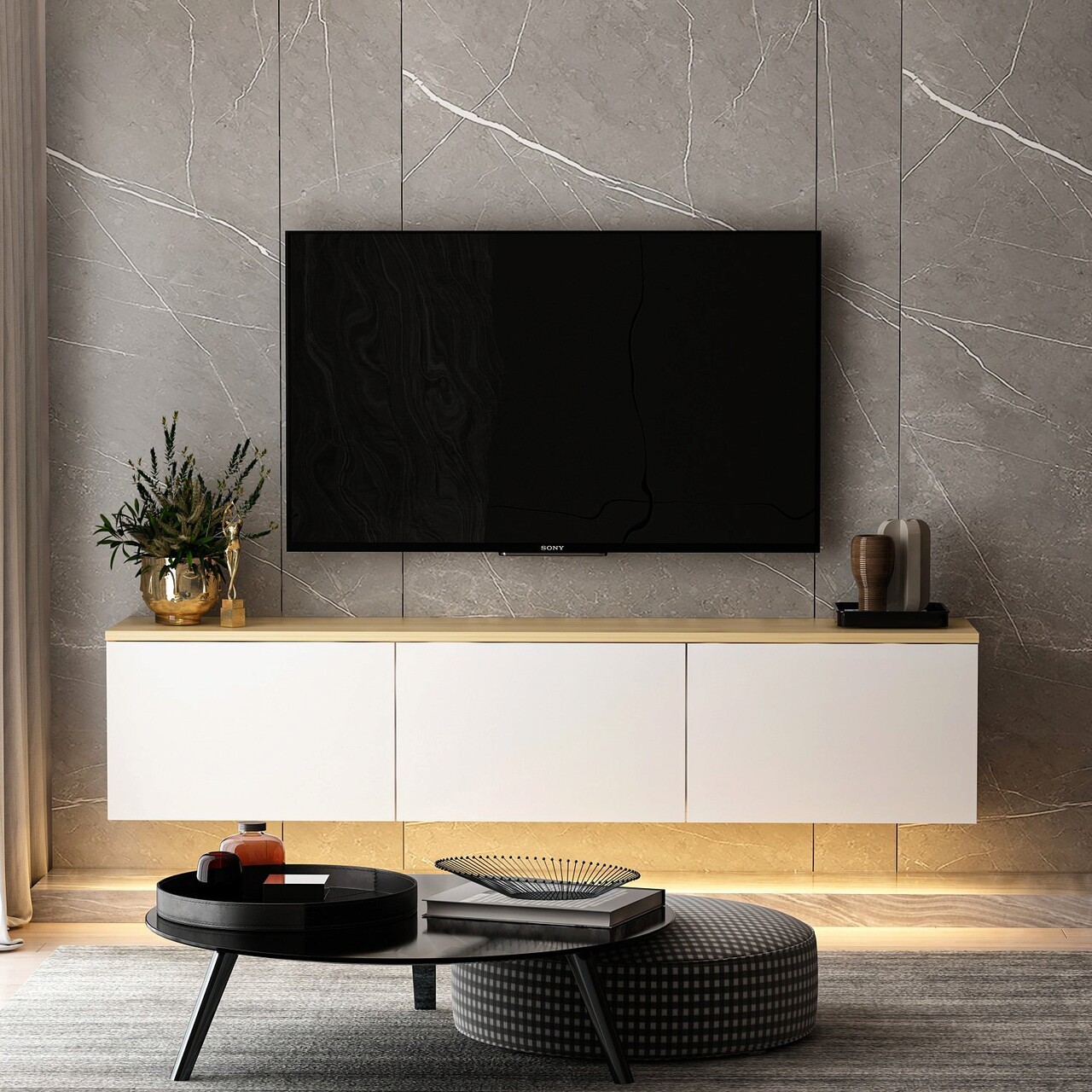 Comoda TV, Inarch, Neon, 160x35x32 Cm, Stejar Alb