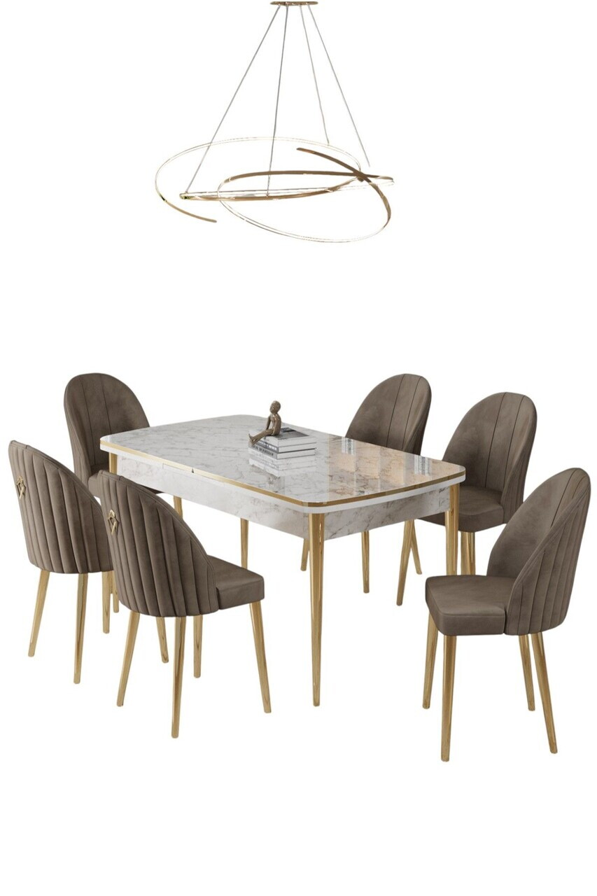 Set masa extensibila si scaune (7 piese), Hanah Home, Rada, Model de marmură albă / Auriu / Cappuccino — imaginea 2