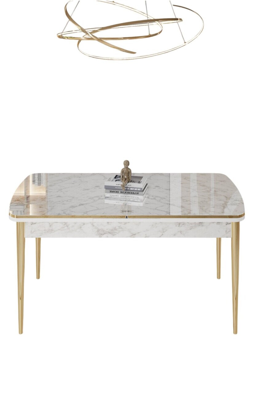 Masa extensibila, Hanah Home, Rada, 80x78x132 cm, Model de marmură albă / Auriu — imaginea 2