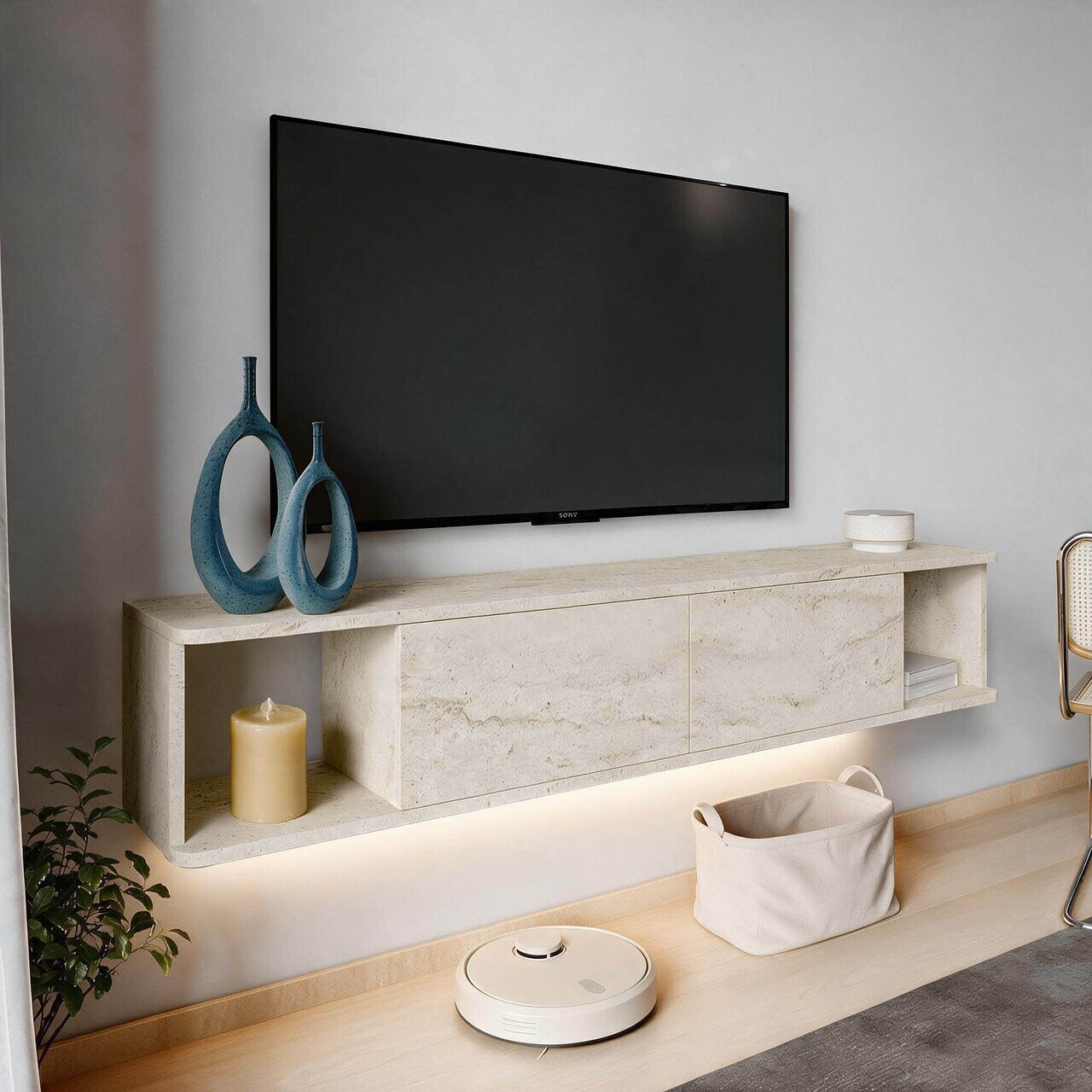 Comoda TV, Hanah Home, Twist LED, 160x29x29 cm, Travertin — imaginea 5