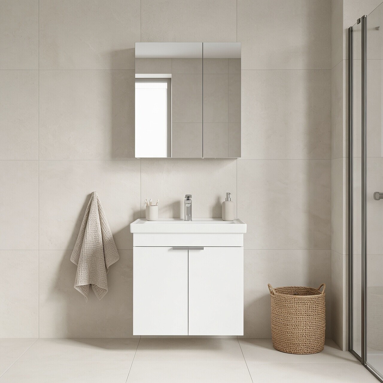 Set Dulap de Baie cu Chiuvetă și Oglindă (2 Piese), Hanah Home, Desna 60, Alb mat