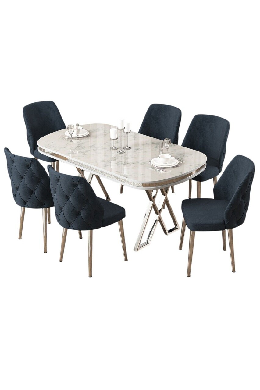 Set masa si scaune (7 piese), Hanah Home, Afe, Model de marmură albă / Crom / Antracit — imaginea 2