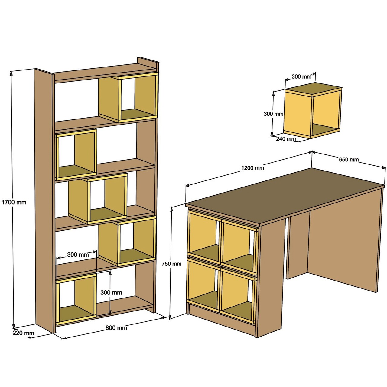 Set Birou Si Biblioteca, Hommy Craft, Box, 120x75x65 Cm, Alb / Galben