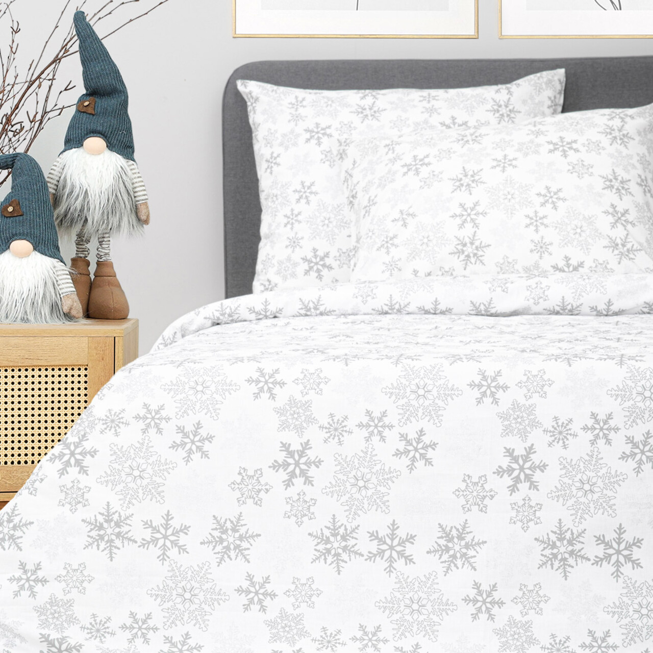 Lenjerie de pat King Size, Lugn, Homla, 3 piese, 200x220 cm, bumbac, alb/gri