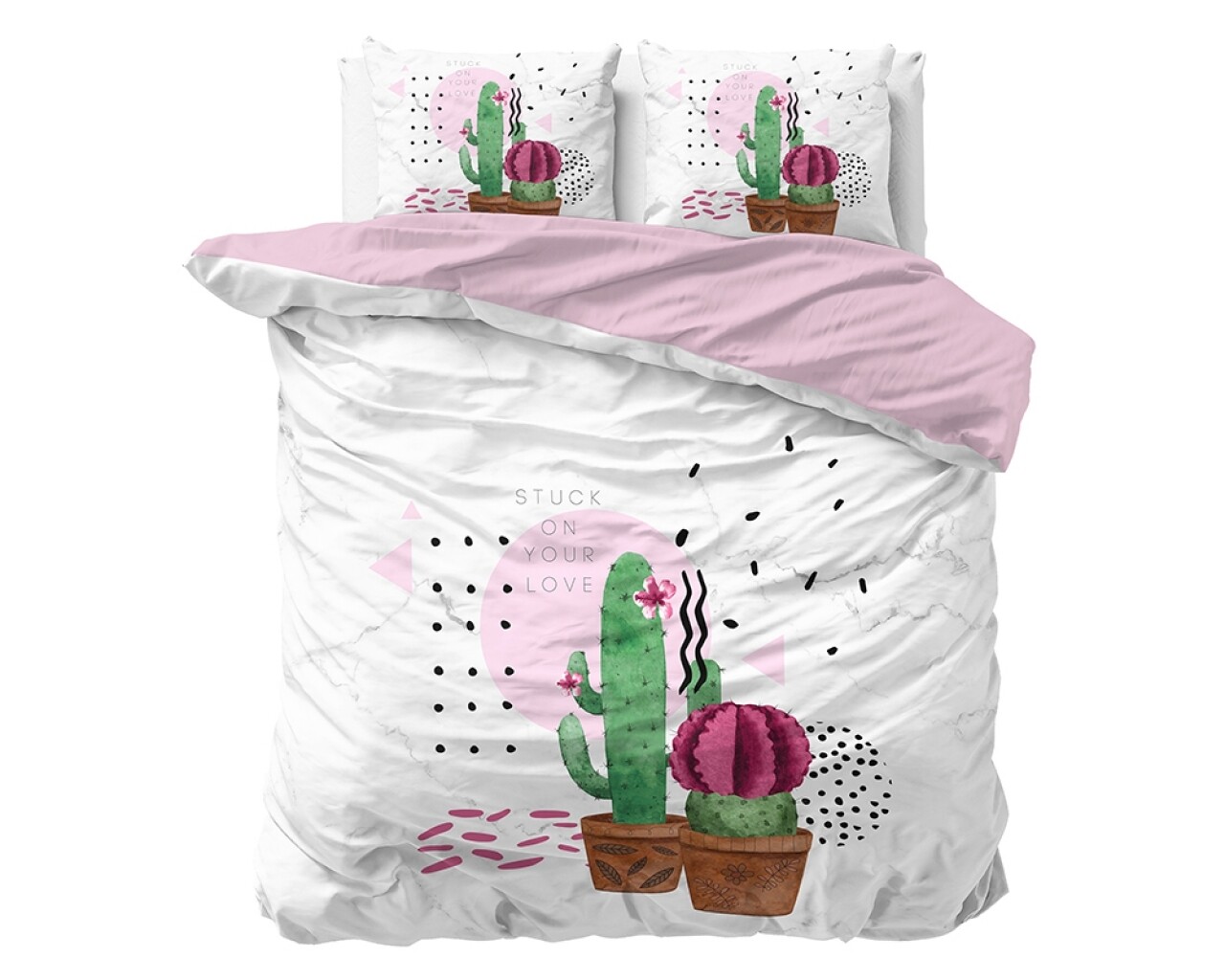 Lenjerie De Pat Dubla Love Your Cactus White - Sleeptime, Royal Textile, 3 Piese, 200 X 220 Cm, Amestec Bumbac, Multicolora