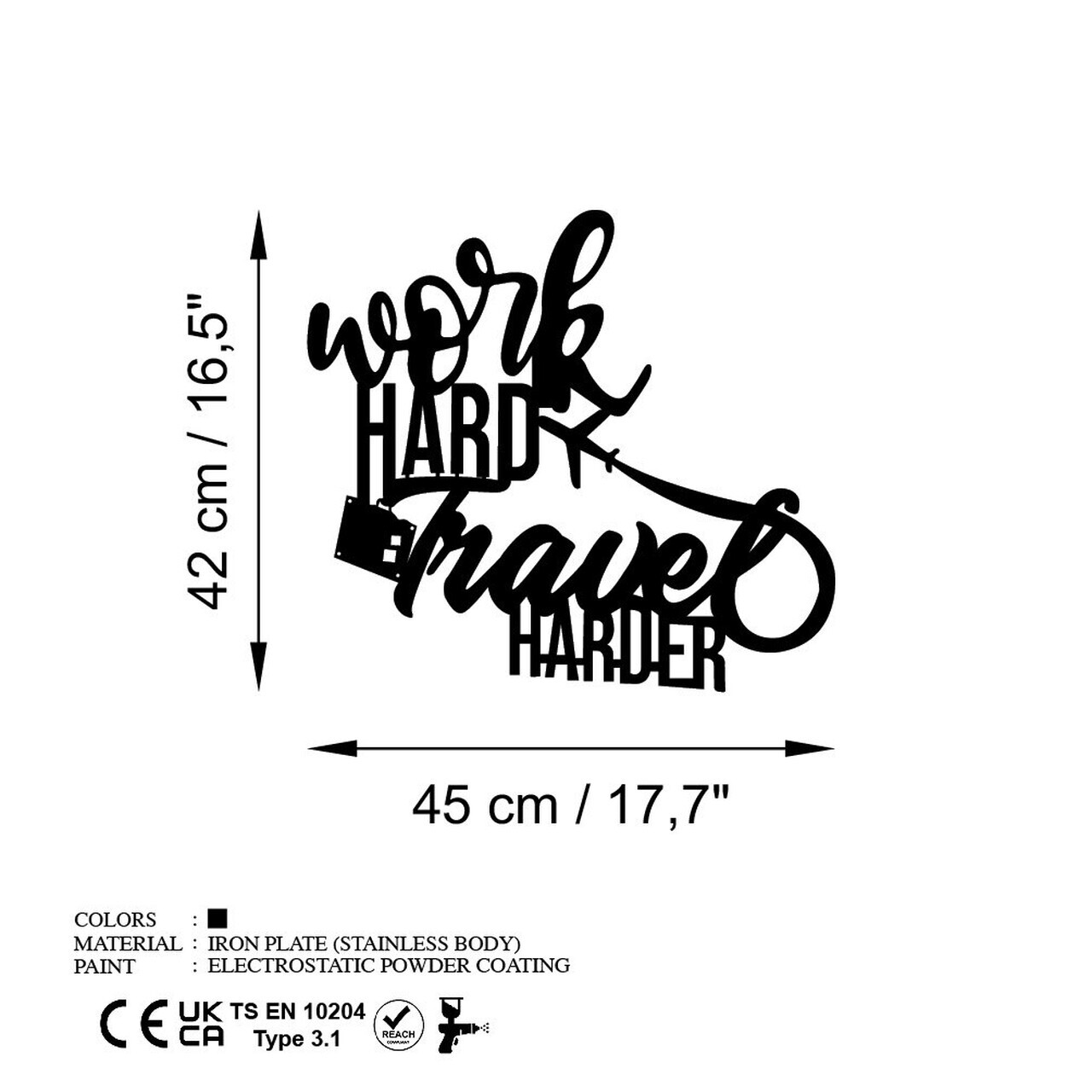 Decoratiune de perete, Work Hard Travel Harder, Dimensiune: 45 x 42 cm , Negru — imaginea 6