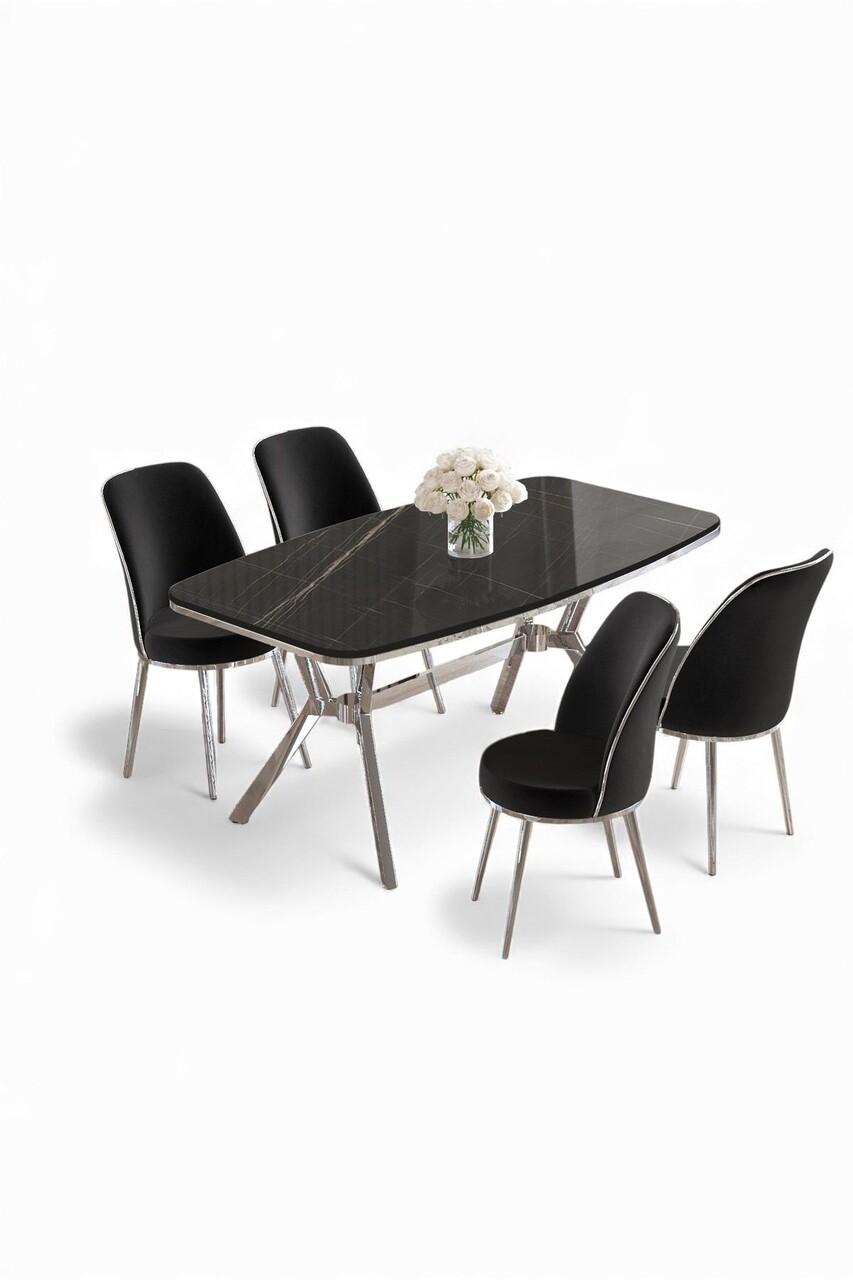 Set masă și scaune (5 bucăți), Hanah Home, Lena, Marmură neagră / Crom / Negru - view 2