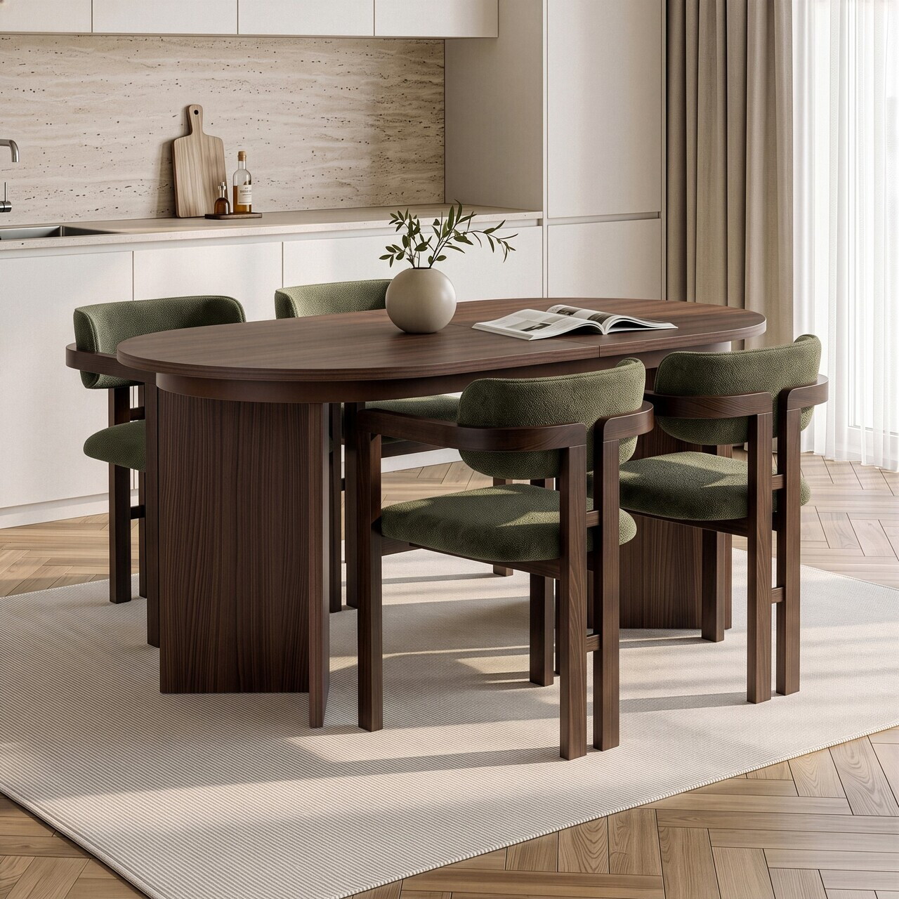 Set masa extensibila si scaune (5 piese), Nordure, Aleria 4, Nuc Milano / Nuc Închis / Verde — imaginea 3