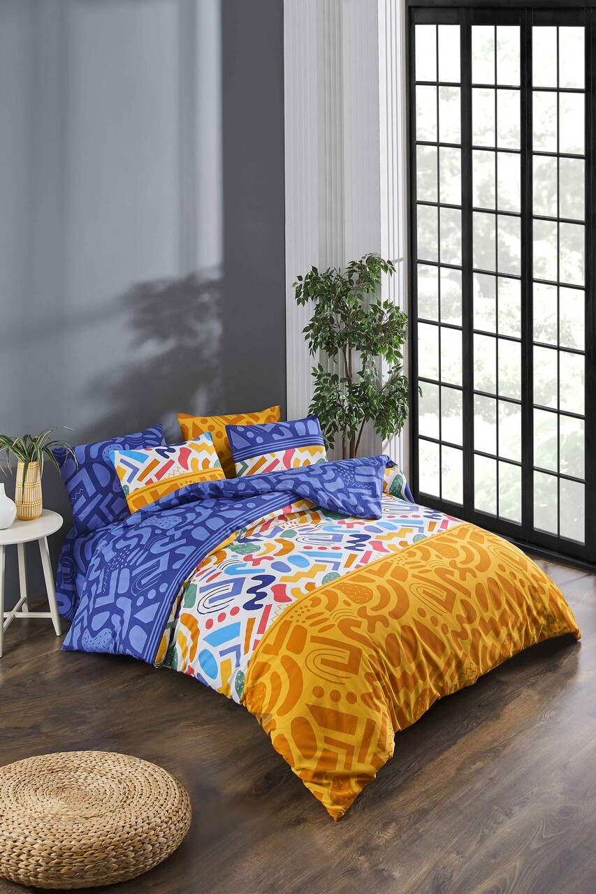 Lenjerie de pat pentru o persoana, Doodle Fitted - Multicolor, Tabu Home, 65% bumbac/35% poliester