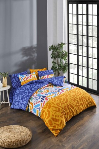 Lenjerie de pat pentru o persoana, Doodle Fitted - Multicolor, Tabu Home, 65% bumbac/35% poliester 