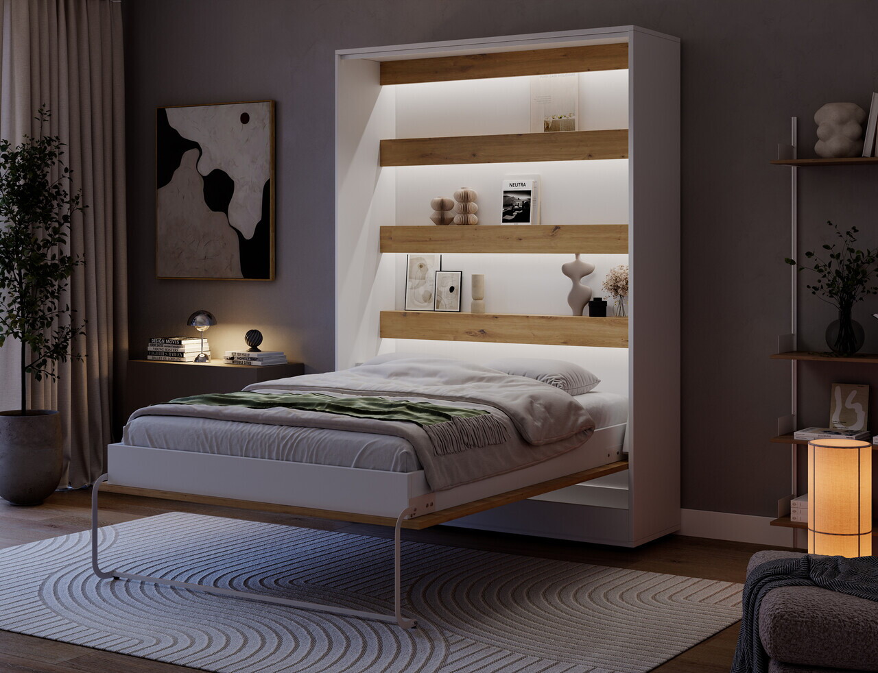 Pat rabatabil vertical cu biblioteca si iluminare LED, 140x200 cm, ELTAP, Devesto, PAL/metal, alb/natur - view 4