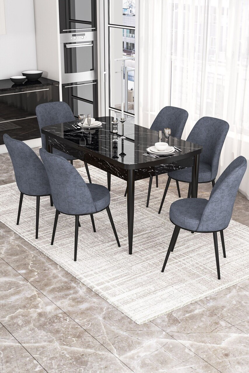 Set masa extensibila si scaune (7 piese), Hanah Home, Via, Model de marmură neagră / Afumat