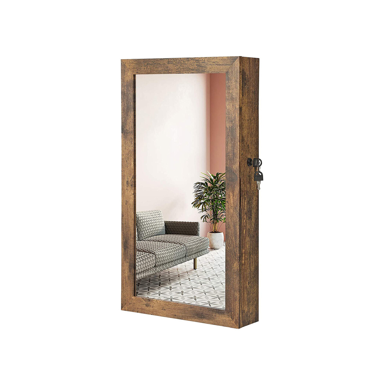 Dulapior de bijuterii cu oglinda, Songmics, cu fixare pe perete, 37x10x67 cm, MDF/catifea, maro - imagine 7