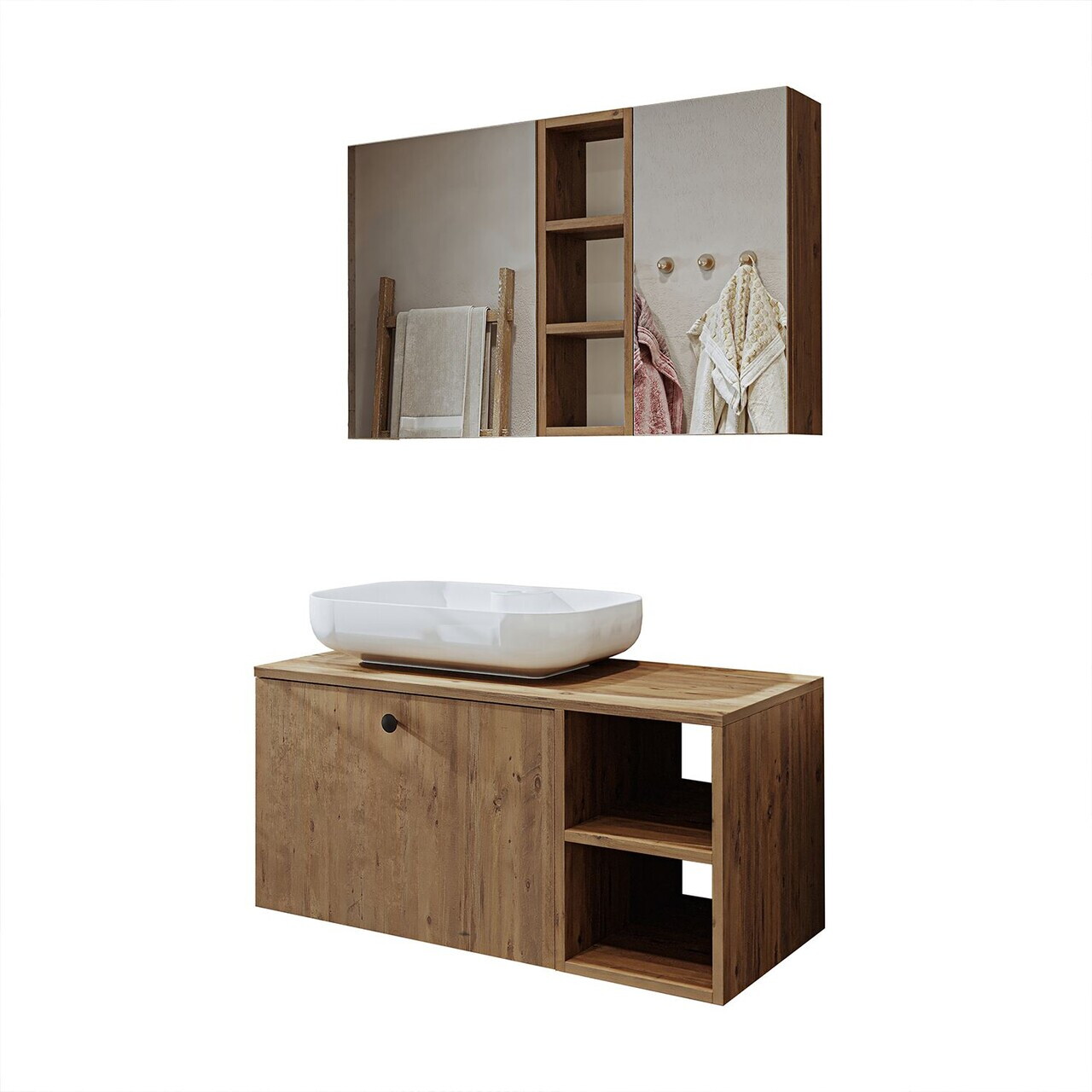 Set Dulap de Baie cu Chiuvetă și Oglindă (2 Piese), Hanah Home, 2522, MDF, Maro — imaginea 6