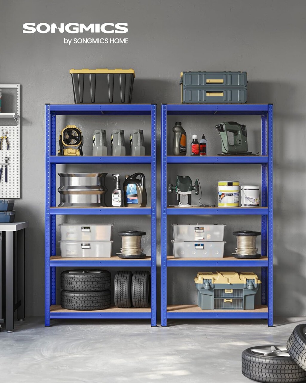 Set 2 rafturi modulare pentru depozitare, Songmics, max 875 kg, 90x40x180 cm, MDF/otel, albastru
