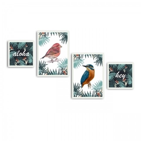 Set 4 tablouri decorative, Alpha Wall, Birds, 30x30/35x50 cm
