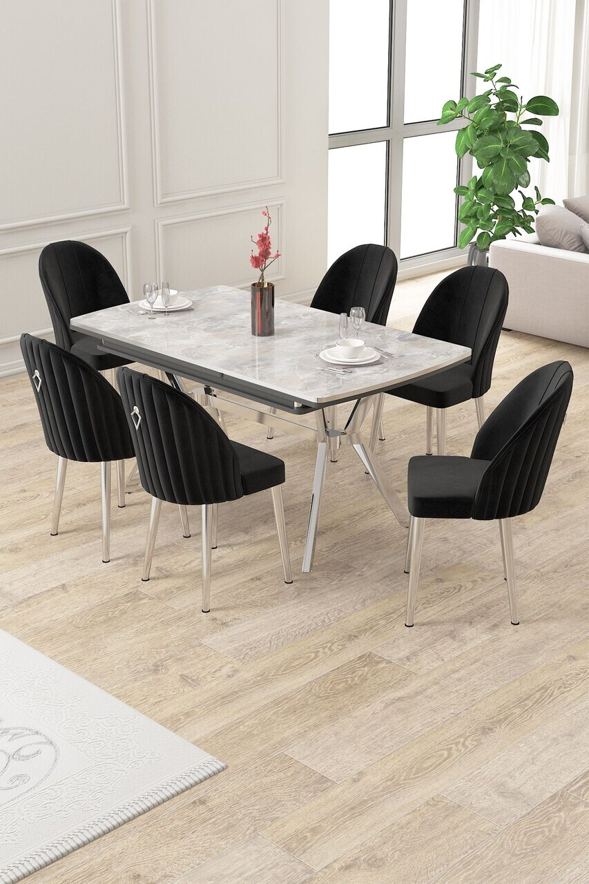 Set masa extensibila si scaune (7 piese), Hanah Home, Sim, Gri / Crom / Negru