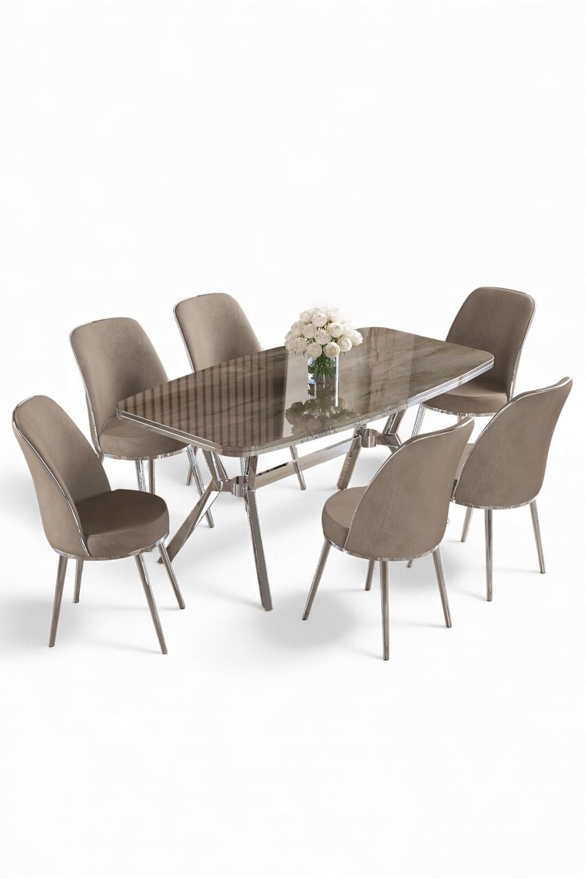 Set masă și scaune (7 piese), Hanah Home, Lena, Antracit / Crom / Cappuccino - view 2