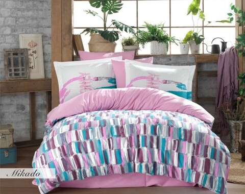 Lenjerie de pat dubla king, 3 piese, 220x240 cm, 100% bumbac poplin, hobby, mikado, roz