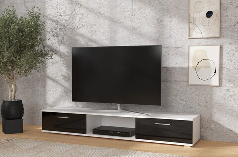 Comoda TV ADRK, Sella, 176x40x28 cm, PAL laminat, negru lucios/alb mat