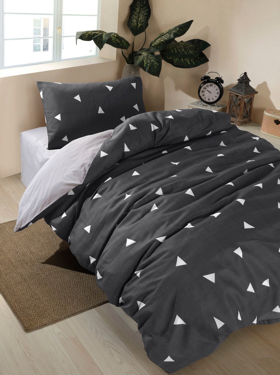 Lenjerie de pat pentru o persoana, Geometrik - Grey, Eponj Home, 65% bumbac/35% poliester
