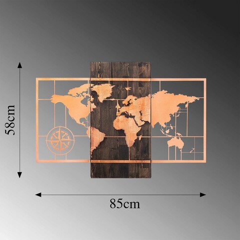 Decoratiune de perete, World Map Wıth Compass, 50% lemn/50% metal, Dimensiune: 85 x 58 cm, Nuc / Cupru
