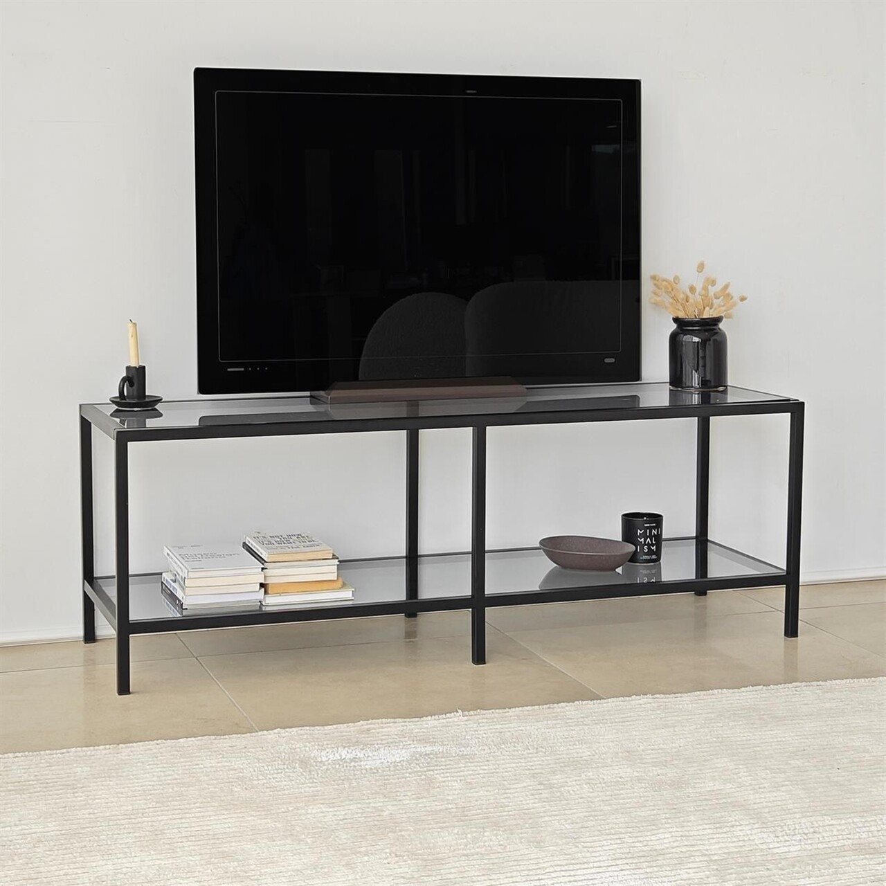 Comoda TV, Neostill, Basic, 130x45x40 cm, Sticla temperata, Gri închis/negru - 2 | YEO