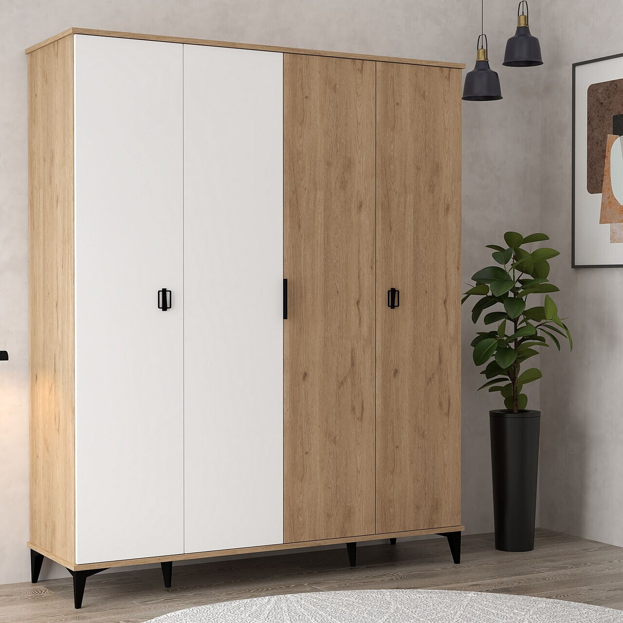 Dulap pentru haine, Hanah Home, Neva 6403, 164x200x52 cm, PAL, Stejar Safir / Alb — imaginea 3