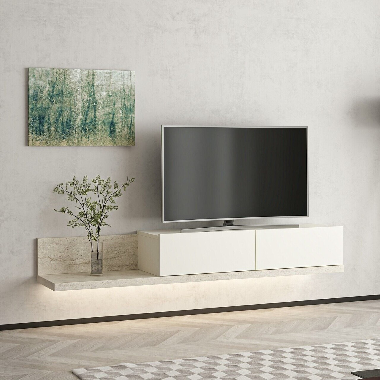 Comoda TV, Hanah Home, Nora, 160x24x30 cm, Piatră Lunii / Travertin — imaginea 2