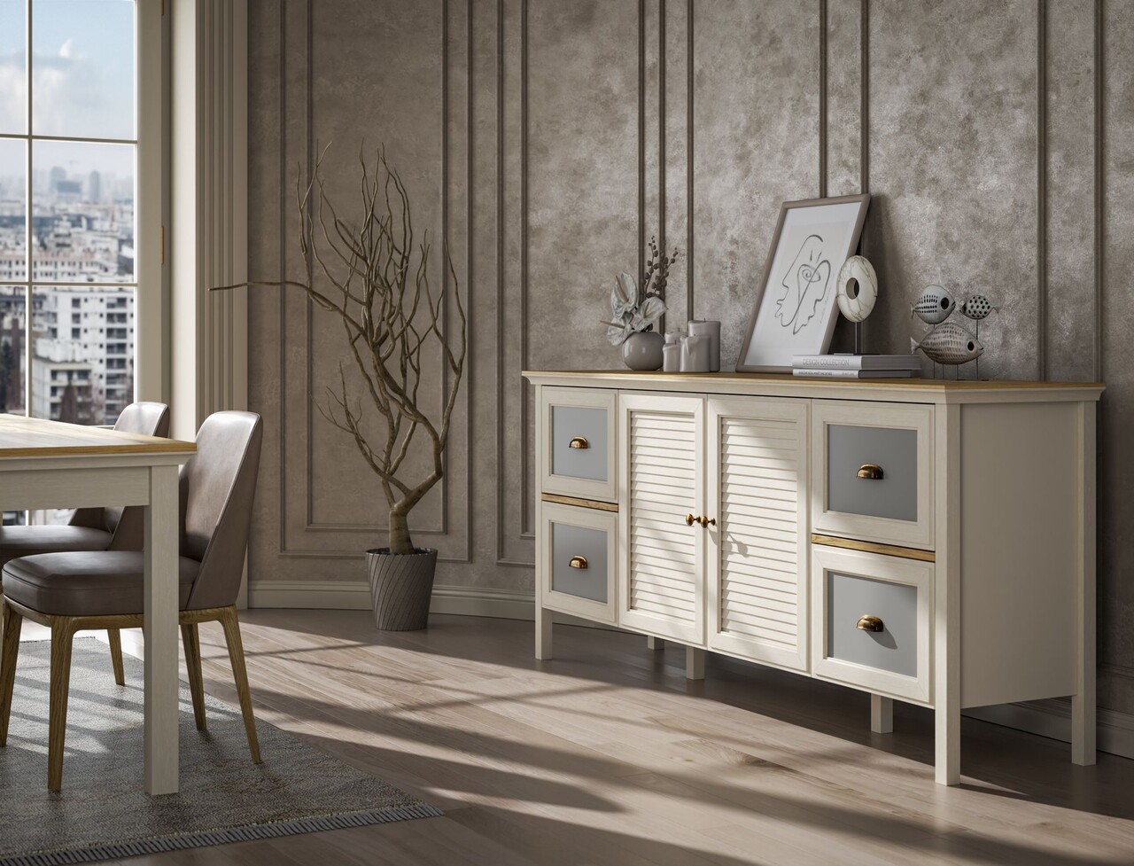 Consola, Hanah Home, FRN-21010, 184.8x82x44 cm, PAL, Crem / Stejar / Gri - view 5