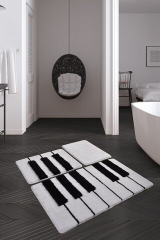 Set 3 covorase de baie Piyano, Chilai, 40×60 cm/50×60 cm/60×100 cm, alb/negru imagine noua 2022