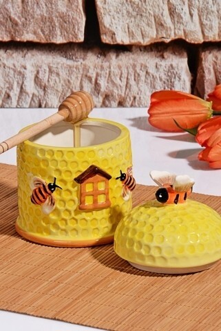 Borcan cu capac si lingura pentru miere BAL-507, Kosova, Ø14 cm, ceramica, galben/portocaliu/negru