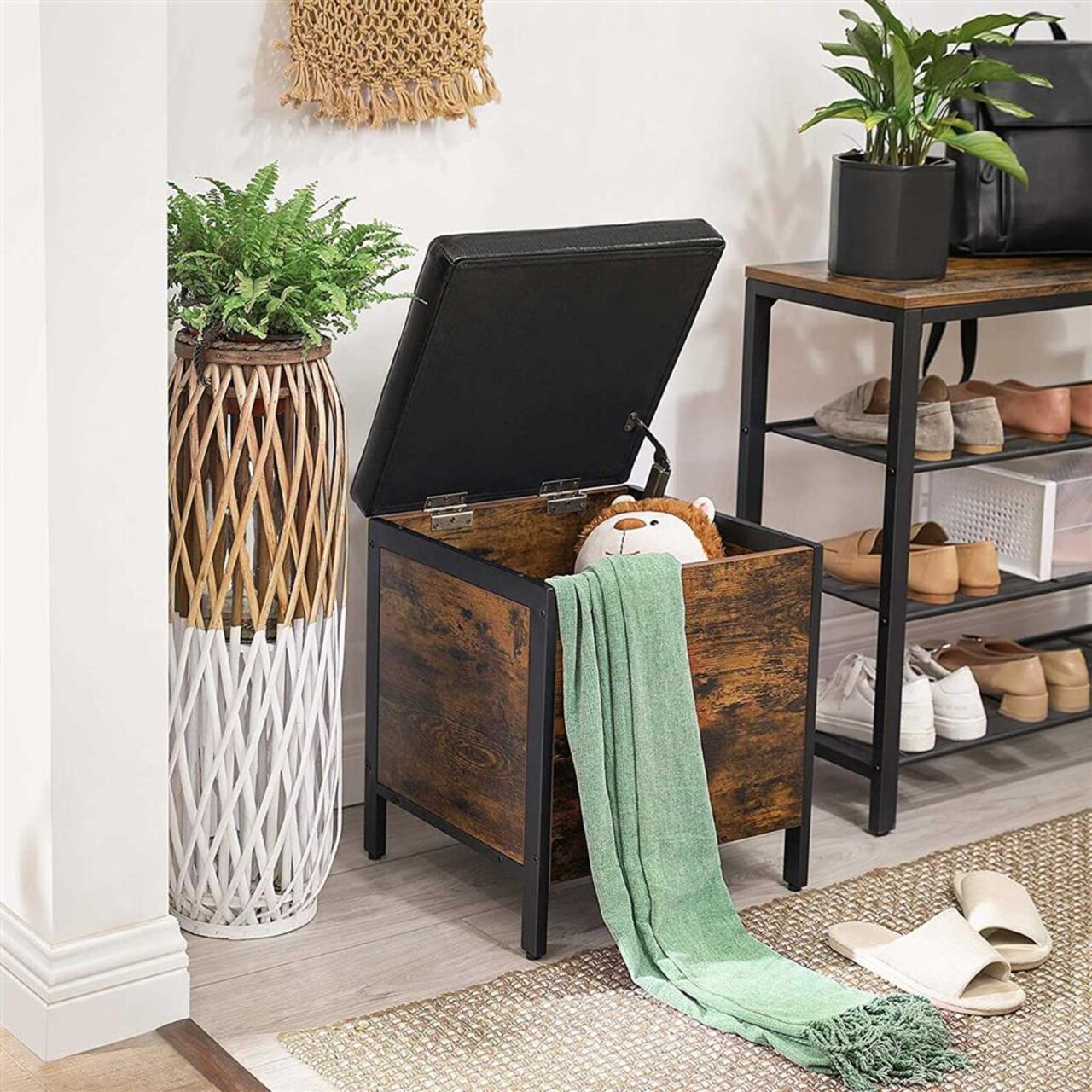 Taburet cu spatiu pentru depozitare, Vasagle, Industrial Style, 40x40x50 cm, PAL/piele ecologica, maro/negru - 1 | YEO