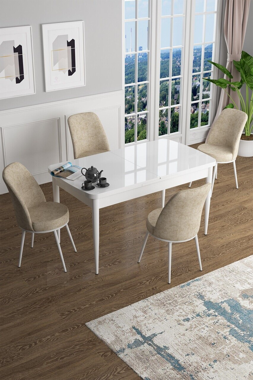 Set masa extensibila si scaune (5 piese), Hanah Home, Han, Alb / Crem