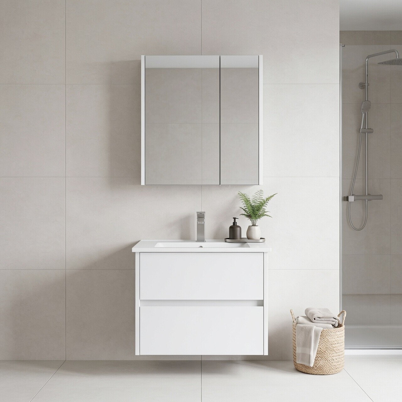 Set Dulap de Baie cu Chiuvetă și Oglindă (2 Piese), Hanah Home, Arno 65, Alb