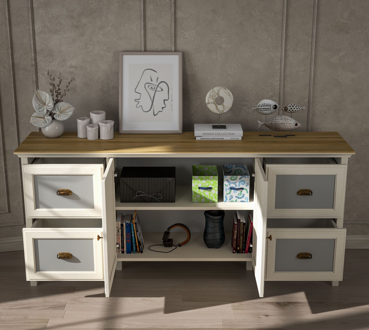 Consola, Hanah Home, FRN-21010, 184.8x82x44 cm, PAL, Crem / Stejar / Gri - view 3
