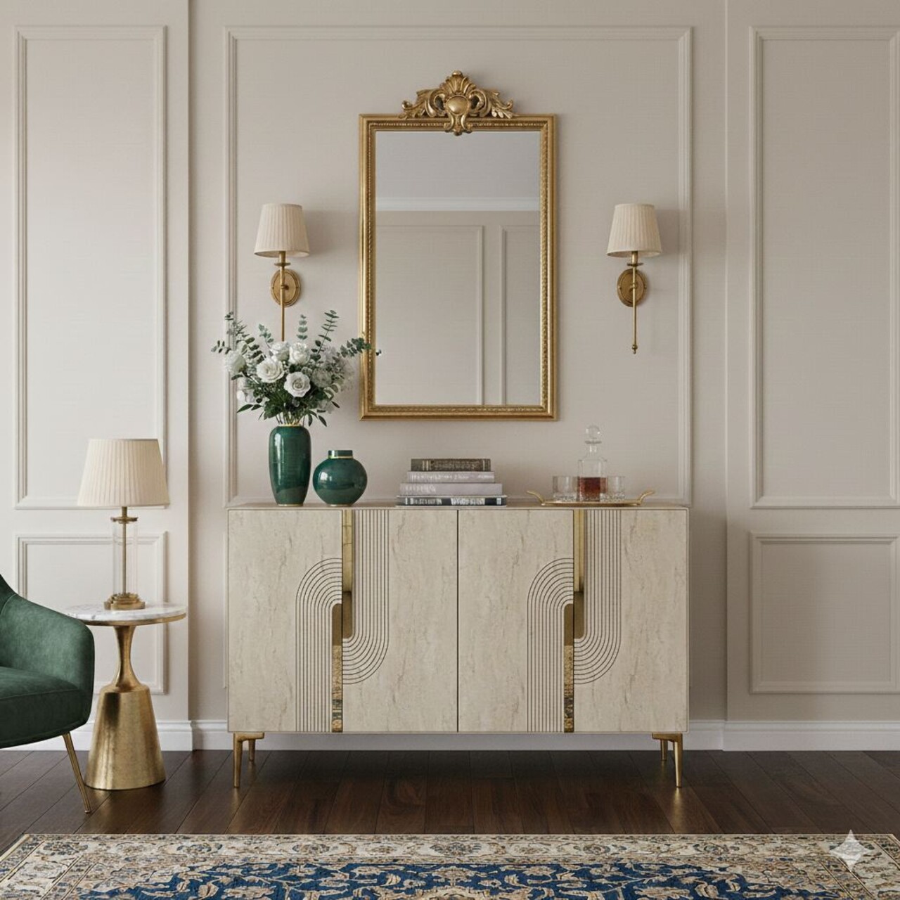 Consola, Hanah Home, Meyra 120, 120x75x32 cm, Alb / Travertin / Auriu - view 2