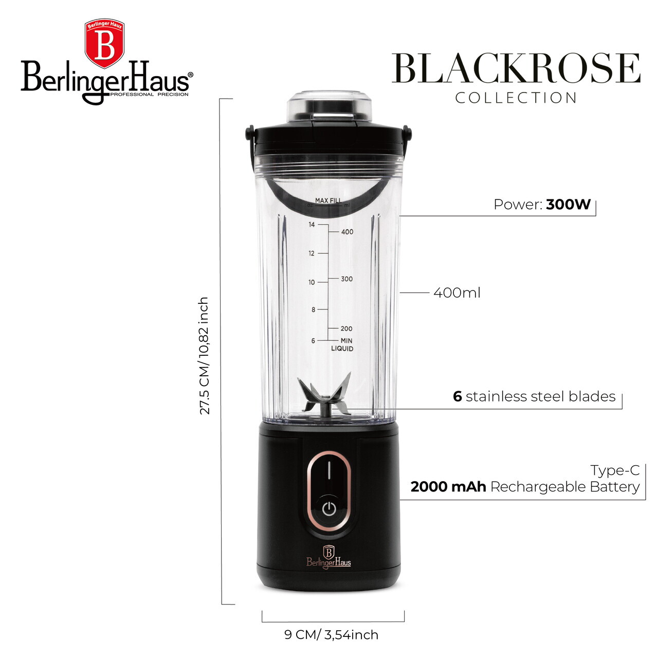 Blender portabil Berlinger Haus, Black Rose, 400 ml, 110W, 9x27.2 cm, inox/plastic, negru/transparent - view 9