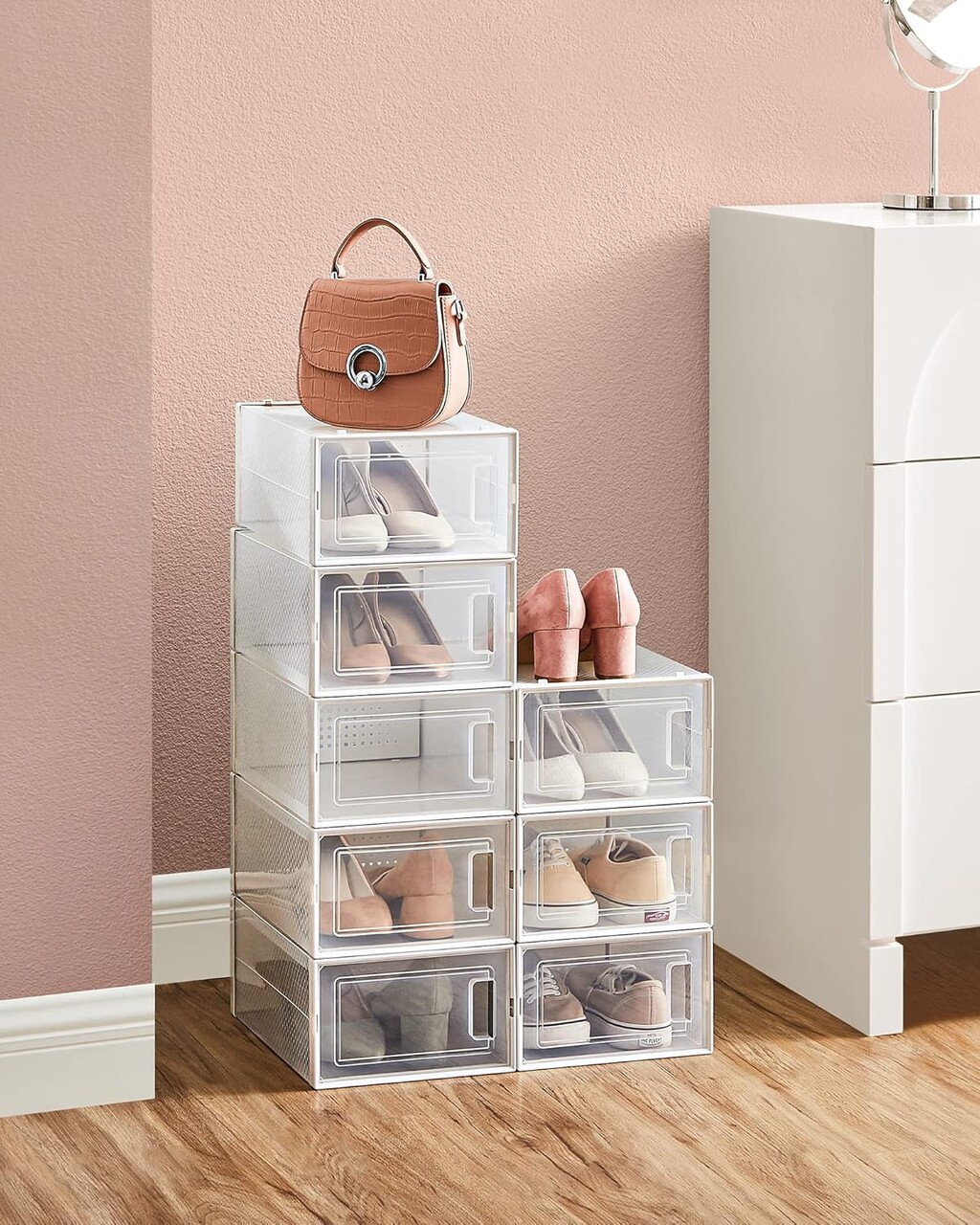 Set 8 cutii de pantofi, Songmics, 33.3x22x14 cm, polipropilena, transparent/alb
