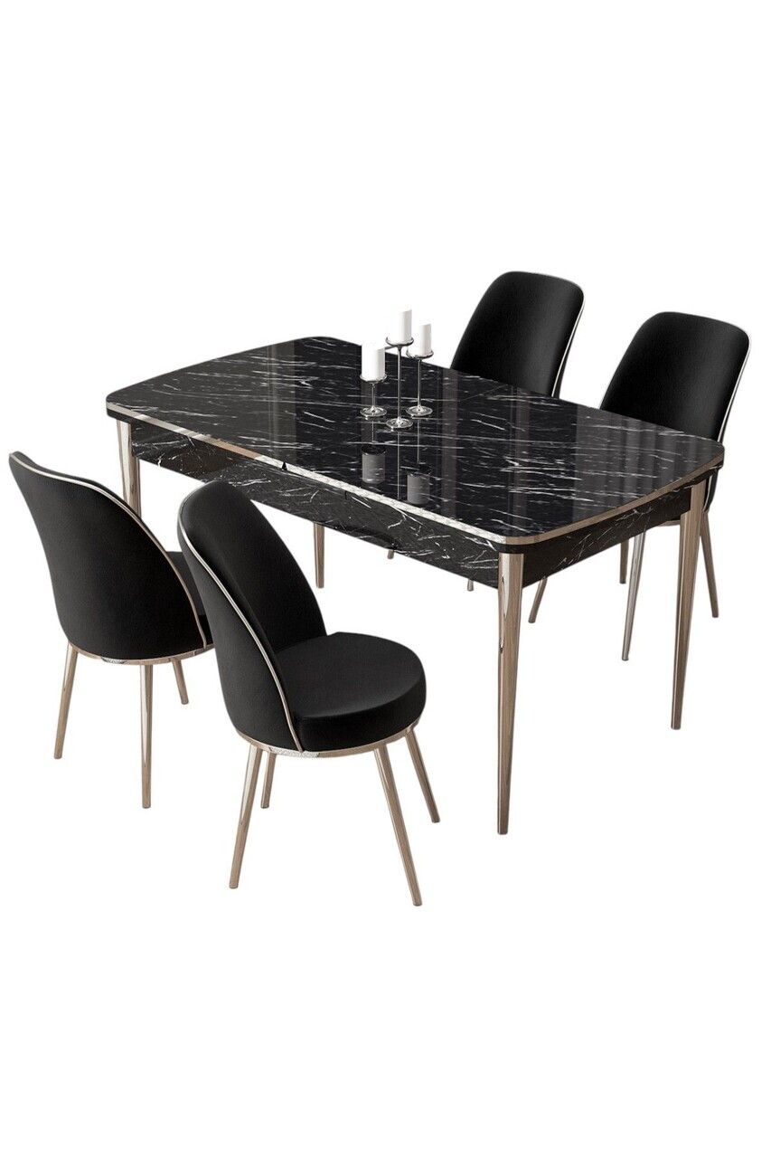 Set masa extensibila si scaune (5 piese), Hanah Home, Pale, Model de marmură neagră / Crom / Negru — imaginea 2
