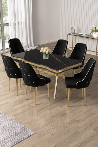 Set masa si scaune (7 piese), Hanah Home, Vae, Sonata / Auriu / Negru